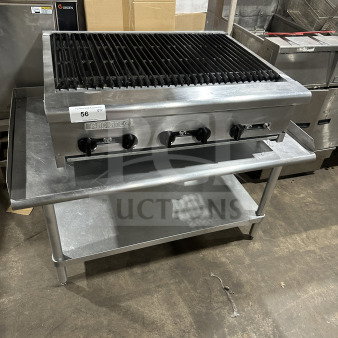 Radiance 36" stainless steel gas charbroiler with cast iron grates, individual controls, on legs and stand.
