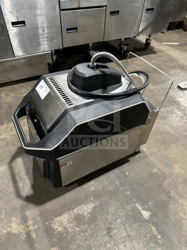 Electrolux commercial stainless steel countertop infrared flat press, model HSPP2RPRS, with digital controls on legs.