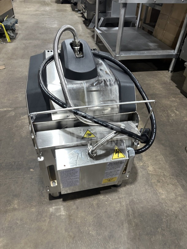 Electrolux HSPP2RPRS stainless steel infrared flat press, electric, digital controls, 208V, on legs, visible warning labels.