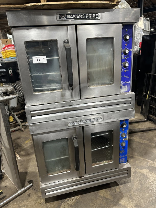 Bakers Pride Cyclone CO11-G1 commercial stainless steel double convection oven on casters, with wired rack and control panel.