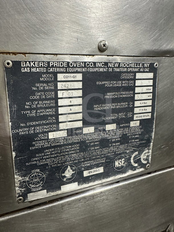 Bakers Pride Cyclone Series CO11-G1 convection oven label, showing model and serial number 24286, 120V, 1 phase, NSF certified.