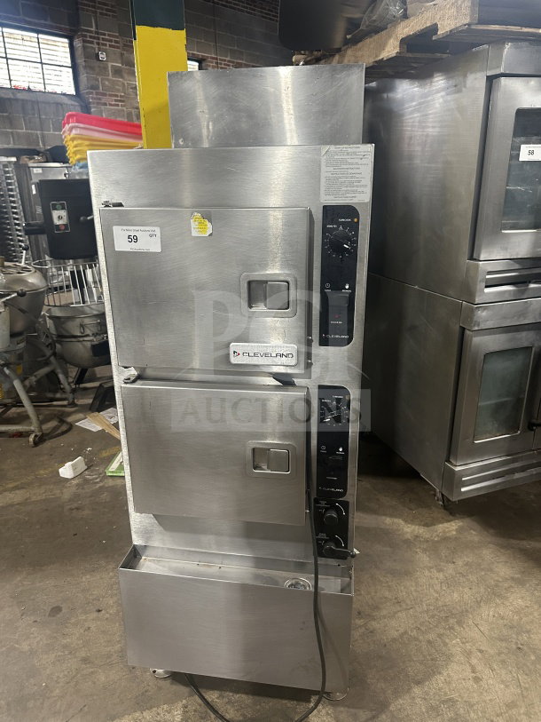 Cleveland Range model 24CGA6.2S dual compartment convection steamer, stainless steel, SureCook controls, pan racks, natural gas, 115V 1 phase, on legs.