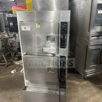 Cleveland Range model 24CGA6.2S dual compartment convection steamer, stainless steel, SureCook controls, pan racks, natural gas, 115V 1 phase, on legs.