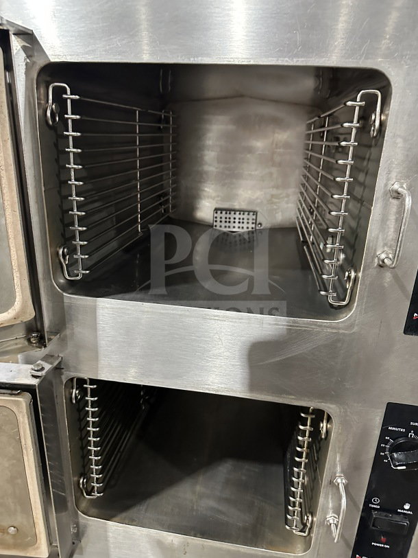 Cleveland Range dual compartment convection steamer, stainless steel, Model 24CGA6.2S, with SureCook controls, pan racks included.