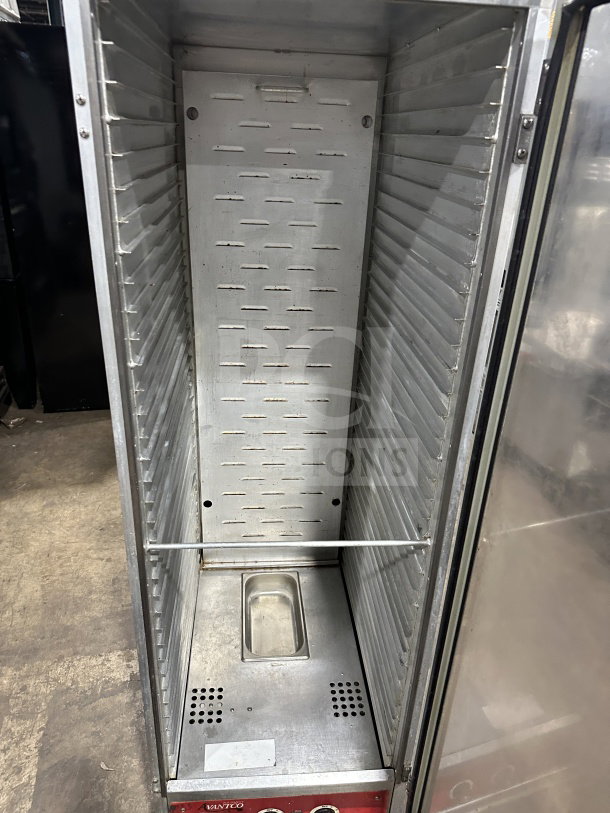Avantco full-size stainless steel heated holding/proofing cabinet, model 177HPU1836, with glass door, pan slides, on casters.