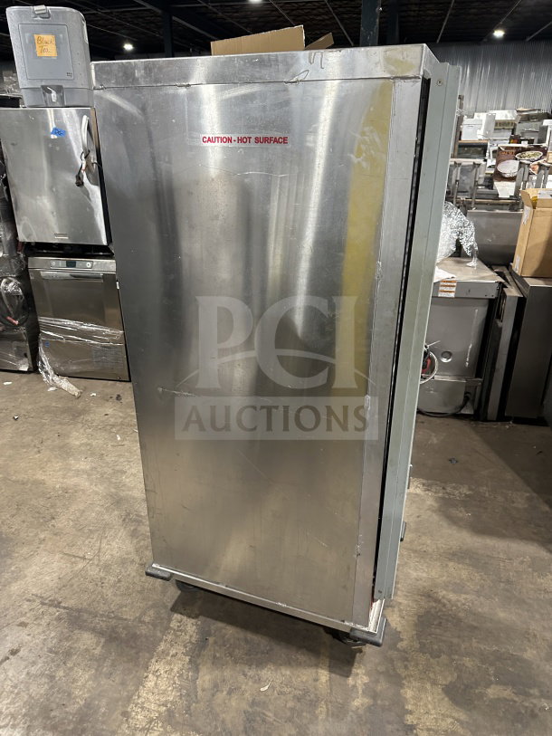 Avantco stainless steel electric heated holding/proofing cabinet, model 177HPU1836, on casters, with glass door and pan slides.