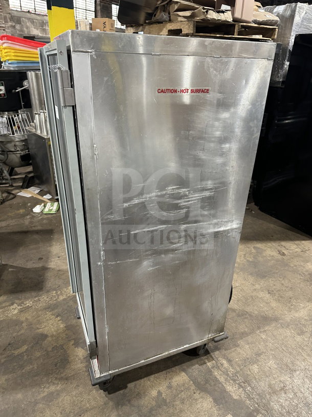 Avantco stainless steel heated holding/proofing cabinet, model 177HPU1836, with glass door, pan slides, and casters.