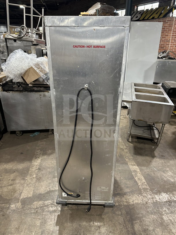 Avantco stainless steel heated holding cabinet, model 177HPU1836, with glass door, built-in pan slides, on casters, 120V.