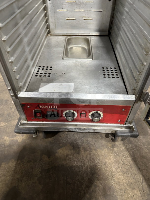 Avantco 177HPU1836 commercial stainless steel heated cabinet, electric, glass door, with built-in pan slides, on casters.