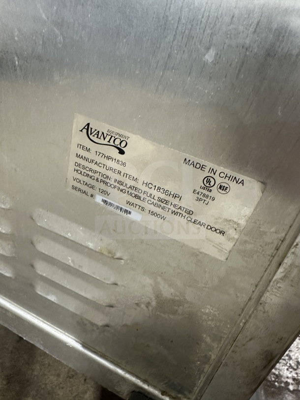 Avantco stainless steel heated holding cabinet, Model 177HPU1836, 120V, with glass door and built-in pan slides, on casters.