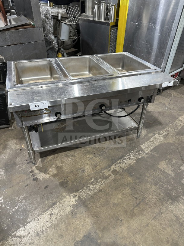 Eagle Group stainless steel underbar cocktail/ice bin on legs, with three compartments; commercial-grade, in used condition.