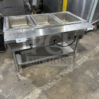 Eagle Group stainless steel underbar cocktail/ice bin on legs, with three compartments; commercial-grade, in used condition.
