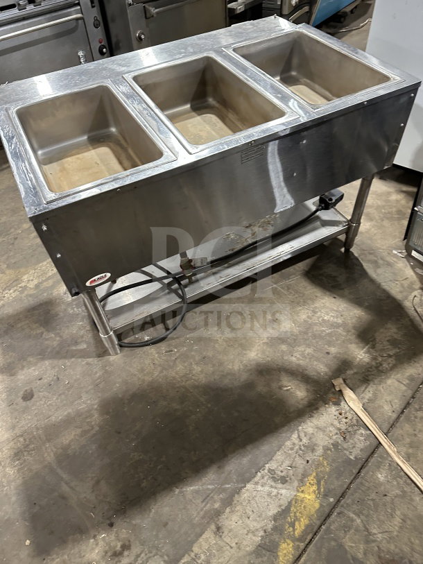 Eagle Group stainless steel underbar cocktail/ice bin on legs, features three compartments, commercial-grade, used condition.