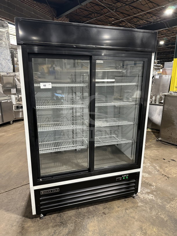 Maxx Cold black double glass door merchandiser freezer, model MXM2-48S. Features poly-coated wired rack, 115/230V.