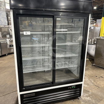 Maxx Cold black double glass door merchandiser freezer, model MXM2-48S. Features poly-coated wired rack, 115/230V.