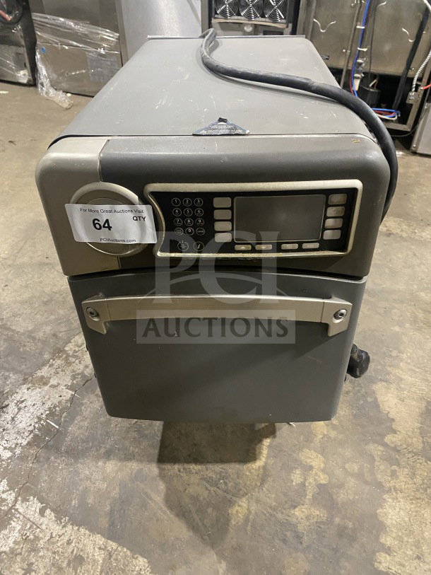 TurboChef NGO commercial rapid cook oven, electric, digital controls, 208/240V, 1-phase, on legs, auction lot tag visible.