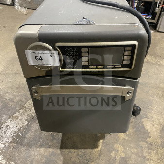 TurboChef NGO commercial rapid cook oven, electric, digital controls, 208/240V, 1-phase, on legs, auction lot tag visible.
