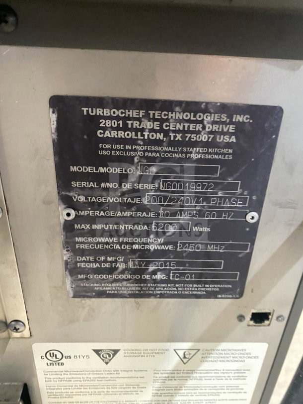 TurboChef Model NGO electric rapid cook oven, countertop style, digital controls. 208/240V, 1 phase, SN: NGOD19972, May 2015.