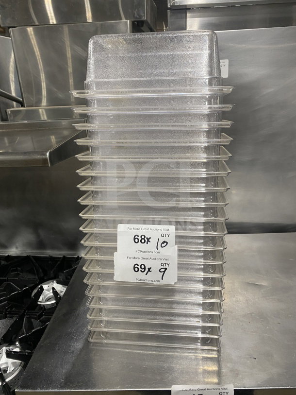 Rubbermaid 4" Commercial Polypropylene Transparent Food Pans, Model 339600. Stack of 19 with quantity tags.