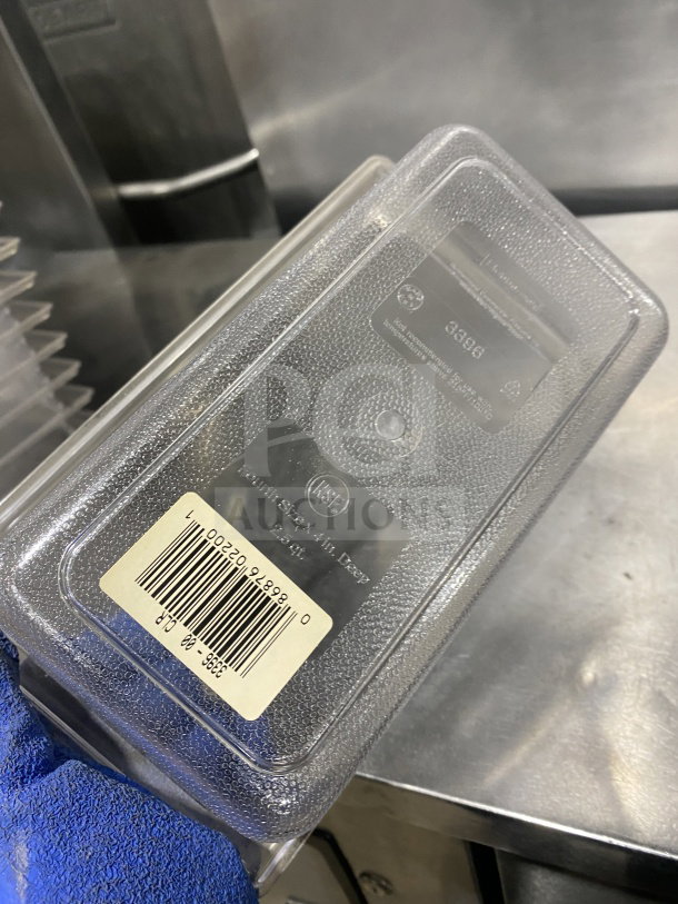 Rubbermaid 4" polypropylene transparent food pan, model 339600, visible label with barcode.