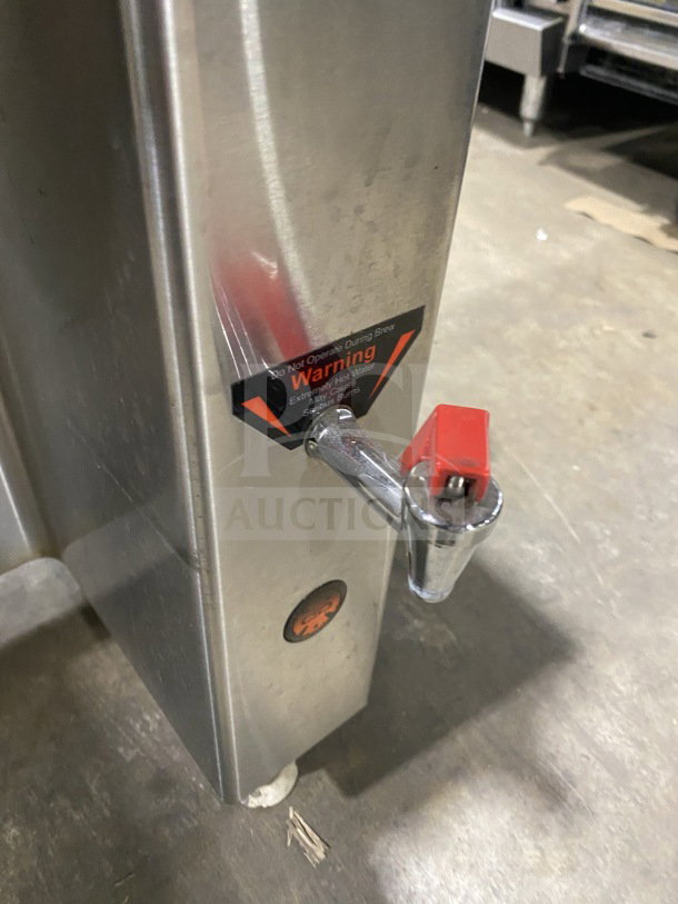 Fetco CBS2142XST Twin Coffee Brewer, stainless steel, electric, 200/240V, 1 phase, on legs. Warning label for hot water.