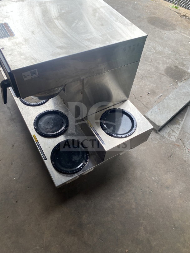 Bunn AXIOM Series twin coffee brewer, stainless steel, with 6 warming plates, hot water dispenser, stainless brew basket.