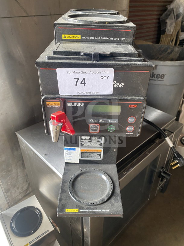 Bunn AXIOMP-35-3 stainless steel coffee brewer with 3 warming stations, 120V, 1 phase, caution labeling. Model: AXIOMP353.