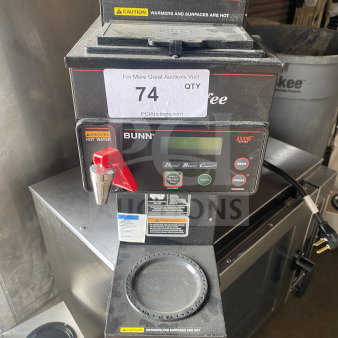 Bunn AXIOMP-35-3 stainless steel coffee brewer with 3 warming stations, 120V, 1 phase, caution labeling. Model: AXIOMP353.