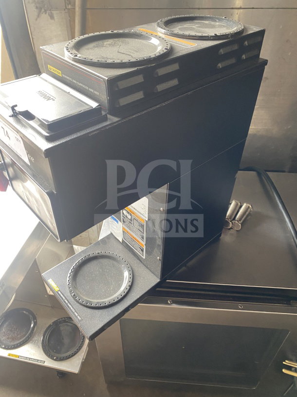 Bunn AXIOMP-35-3 countertop coffee brewing machine with 3 pot warming stations, stainless steel, 120V, commercial use.