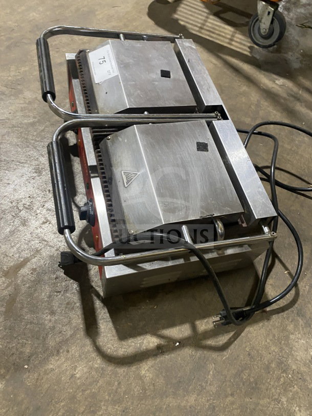 Avantco commercial double countertop panini grill with grooved cast iron plates, stainless steel, electric-powered, used condition.