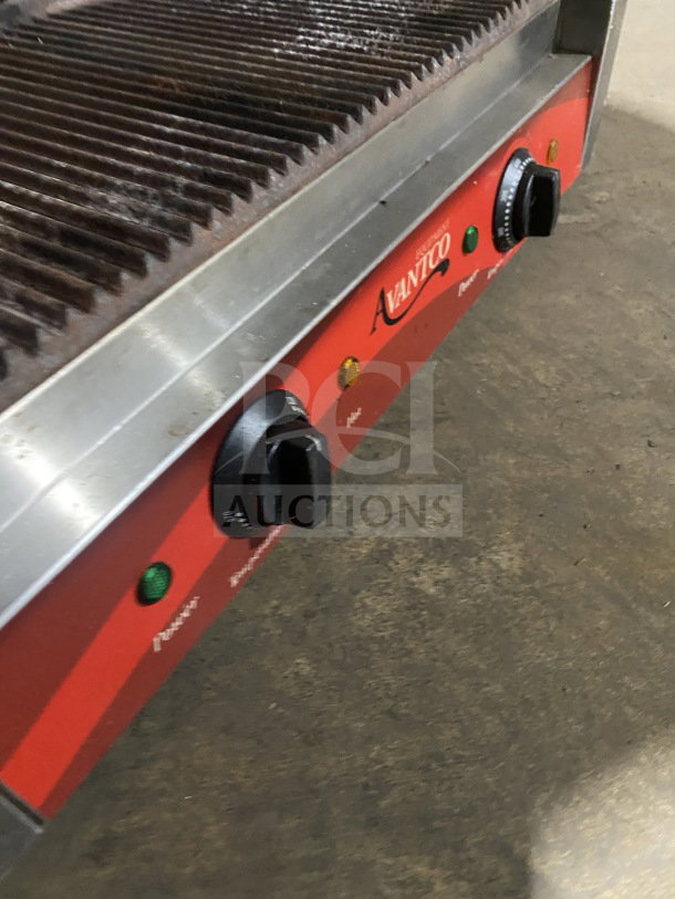 Avantco stainless steel double countertop panini grill with grooved cast iron plates; features temperature controls; used condition.