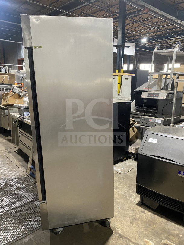 True T-35 stainless steel 2-door refrigerator on casters. Includes poly-coated wire rack. 115V, 1 phase, SN: 6828224.