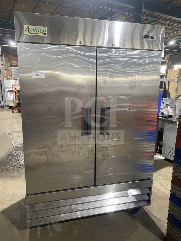 Avantco 2-door stainless steel reach-in freezer, model 178A49RHC, on casters with poly-coated rack. Serial 6431171417091308.