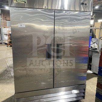 Avantco 2-door stainless steel reach-in freezer, model 178A49RHC, on casters with poly-coated rack. Serial 6431171417091308.