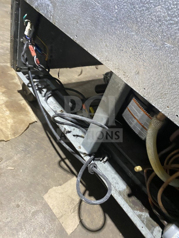Avantco commercial freezer, model 178A49RHC, on casters, shown with wiring and components. Electric, stainless steel.