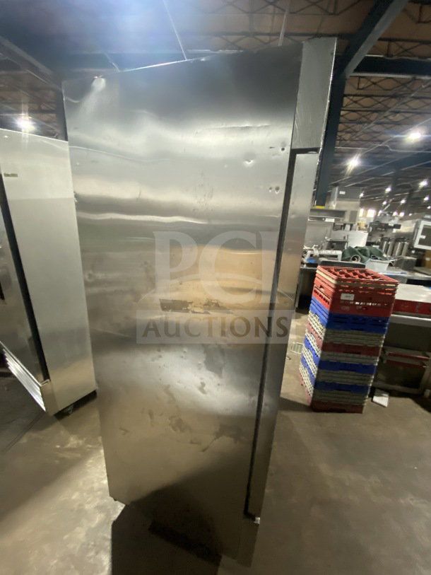 Avantco commercial stainless steel reach-in freezer, model 178A49RHC, with two solid doors, poly-coated wired rack, and on casters.