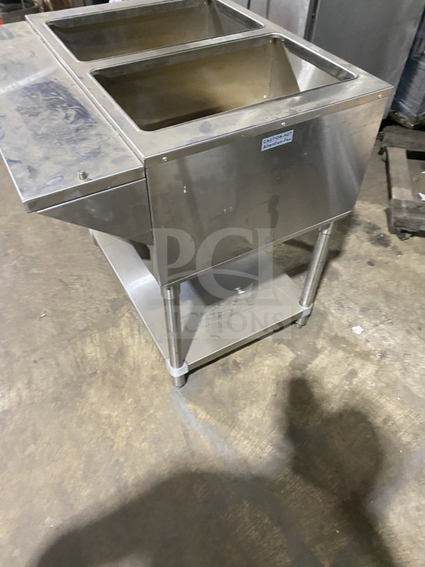 Prepline commercial stainless steel two-well gas steam table with sneeze guard, undershelf, and legs; good condition.