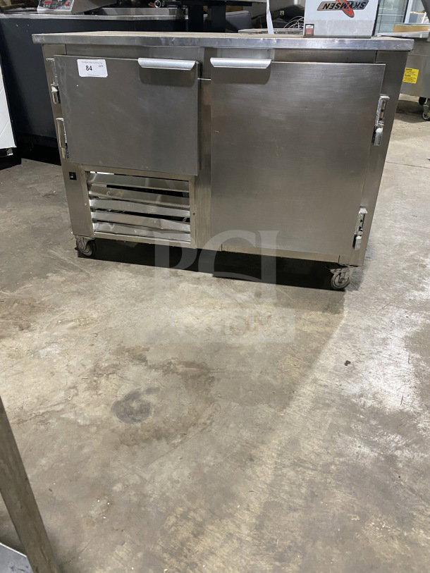 Leader LB48SC stainless steel 2-door lowboy refrigerator with chrome rack, 115V, on casters, used condition.