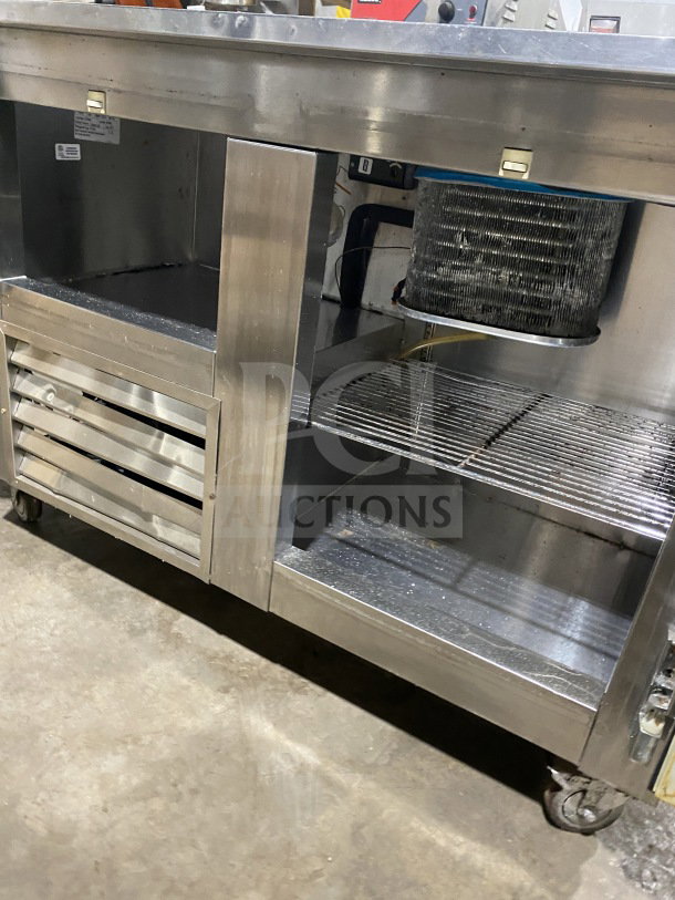 Leader Commercial 2-Door Lowboy/Worktop Refrigerator, Model LB48SC, stainless steel, chrome wire rack, on casters.