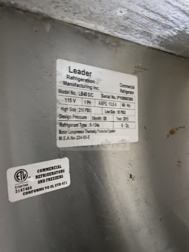 Leader LB48SC commercial 2-door refrigerator label, stainless steel, 115V, 1 phase, on casters, includes wire rack.