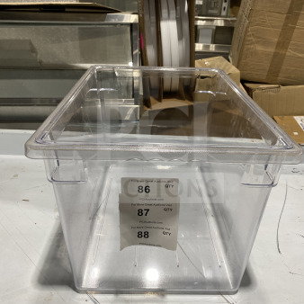 Clear full-size polypropylene food pan, commercial grade. New condition. Auction tags with lot numbers 86, 87, 88 visible.