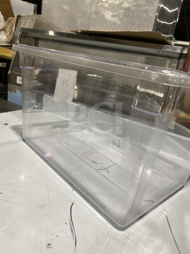 Clear polypropylene full-size commercial food pan, excellent condition, durable plastic, transparent for easy content viewing.