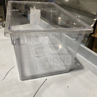 Clear polypropylene full-size commercial food pan, durable plastic, slightly used, visible markings, suitable for food storage.