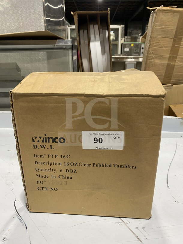Box of 72 brand new Winco 16 oz clear pebbled tumblers, model PTP-16C, shown with packaging details and auction label.
