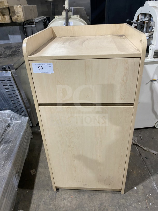 Commercial wooden waste enclosure and tray holder station in good condition, light wood finish, labeled "93 QTY".