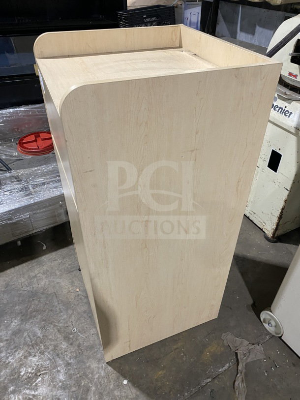 Commercial wooden fast-casual waste enclosure and tray holder station, light wood finish, gently used, versatile design.