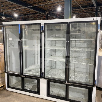 CoolTech CUST96PGR 4-glass door white refrigerator/freezer, poly-coated racks, model CUST96PGR, SN 21517, 120V, used condition.