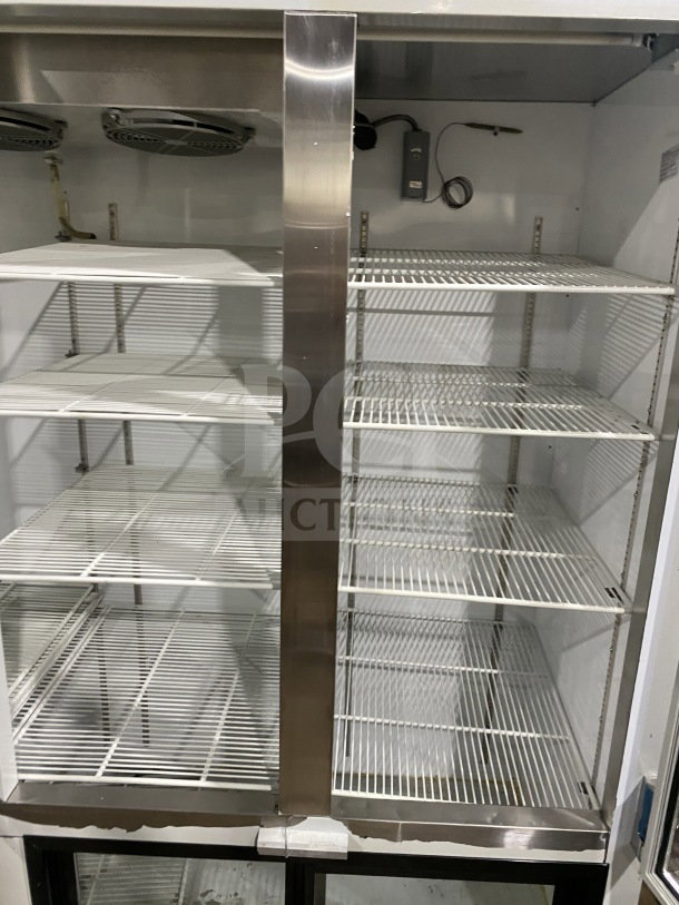 CoolTech CUST96PGR 4-glass door refrigerator/freezer, poly-coated racks, white finish, electric-powered, 120V, SN: 21517.