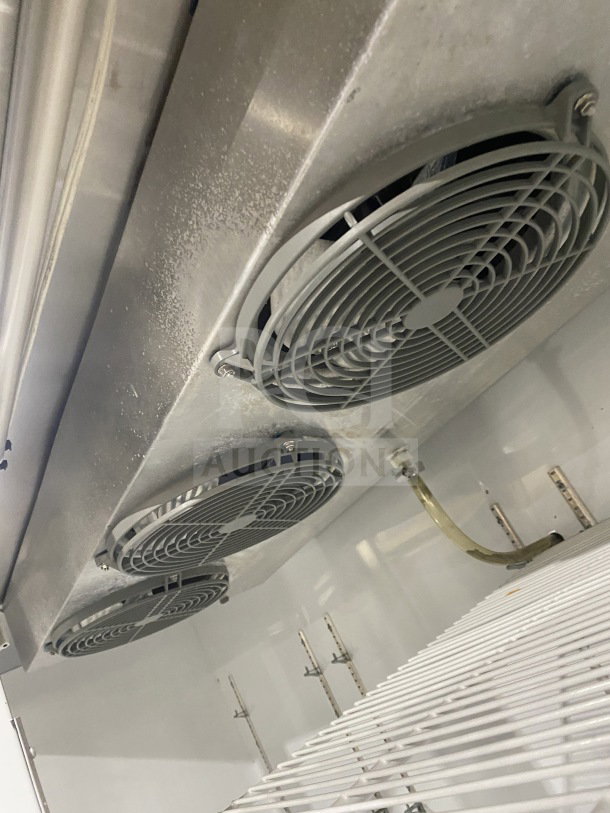 CoolTech CUST96PGR reach-in commercial fridge/freezer, four glass doors, poly coated rack, electric, 120V, fans visible.
