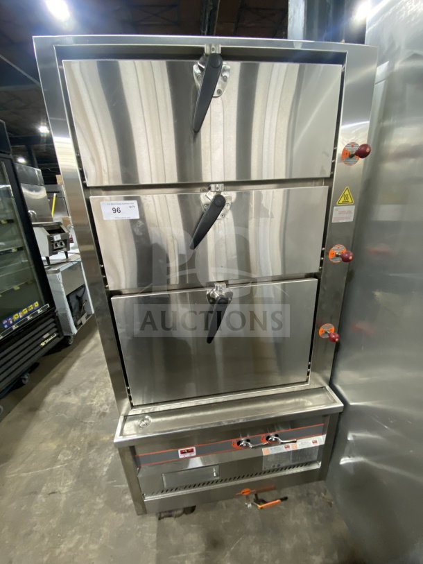 Flame-Mate ESC3NN stainless steel 3-compartment steam cabinet, natural gas, on legs, slightly used, SN: EC030ENFS00066660AB.